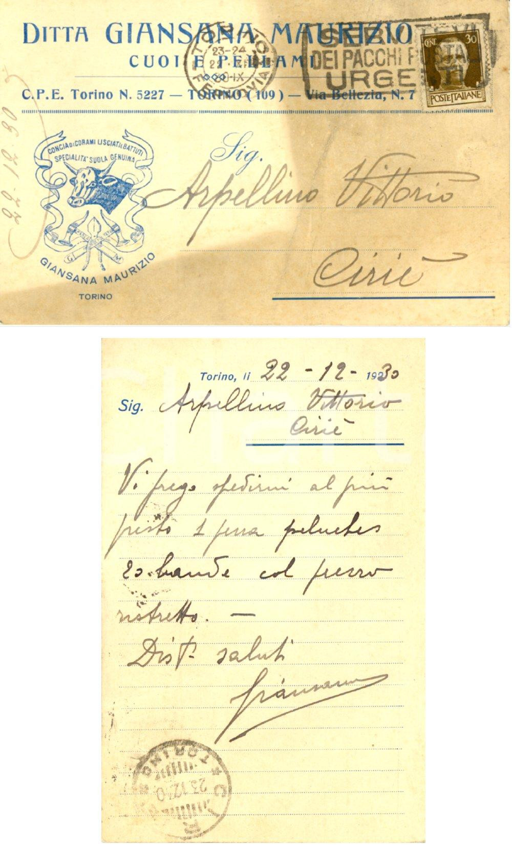 Cartolina originale da collezione 1930 TORINO Maurizio GIANSANA cuoi e pellami Intestata DANNEGGIATA FP VG 1