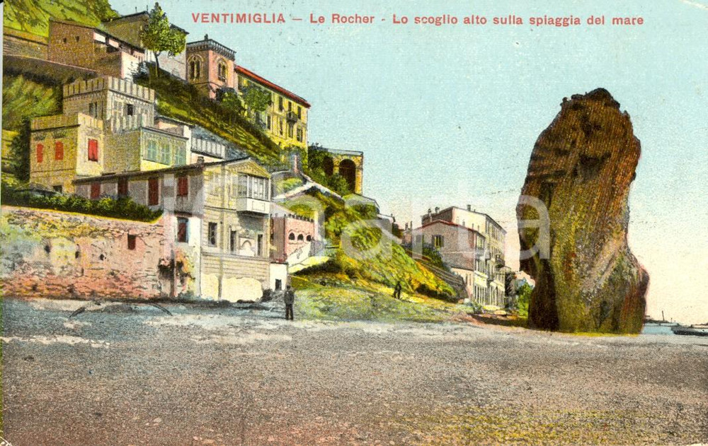 Cartolina originale da collezione 1911 VENTIMIGLIA IM Lo scoglio LE ROCHER  alto sulla spiaggia ANIMATA FP VG 1