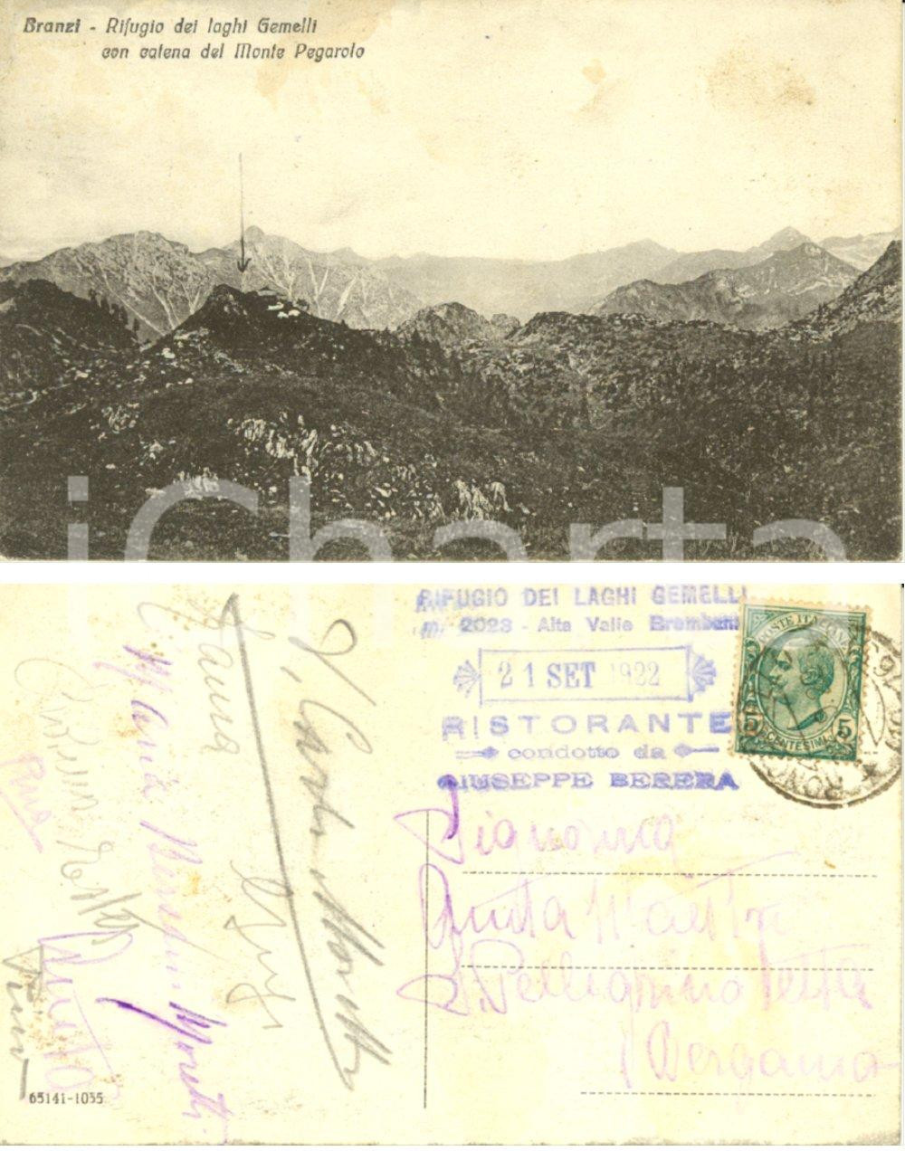 Cartolina originale da collezione 1922 BRANZI BG Rifugio LAGHI GEMELLI con catena del Monte PEGAROLO FP VG 1