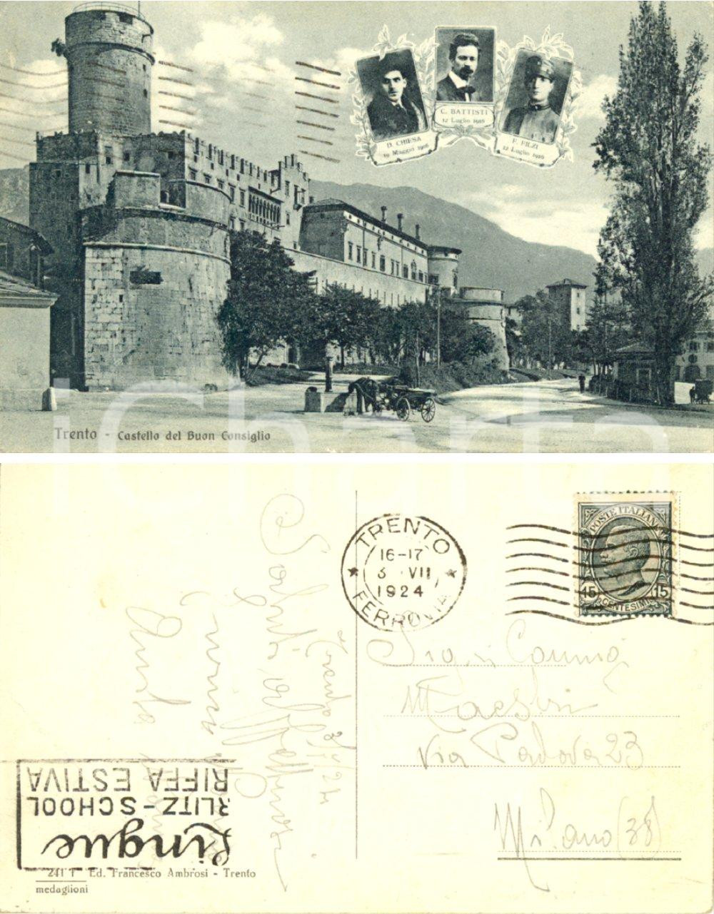 Cartolina originale da collezione 1924 TRENTO Castello BUON CONSIGLIO Ritratti CHIESA BATTISTI FILZI BERLITZ FP 1