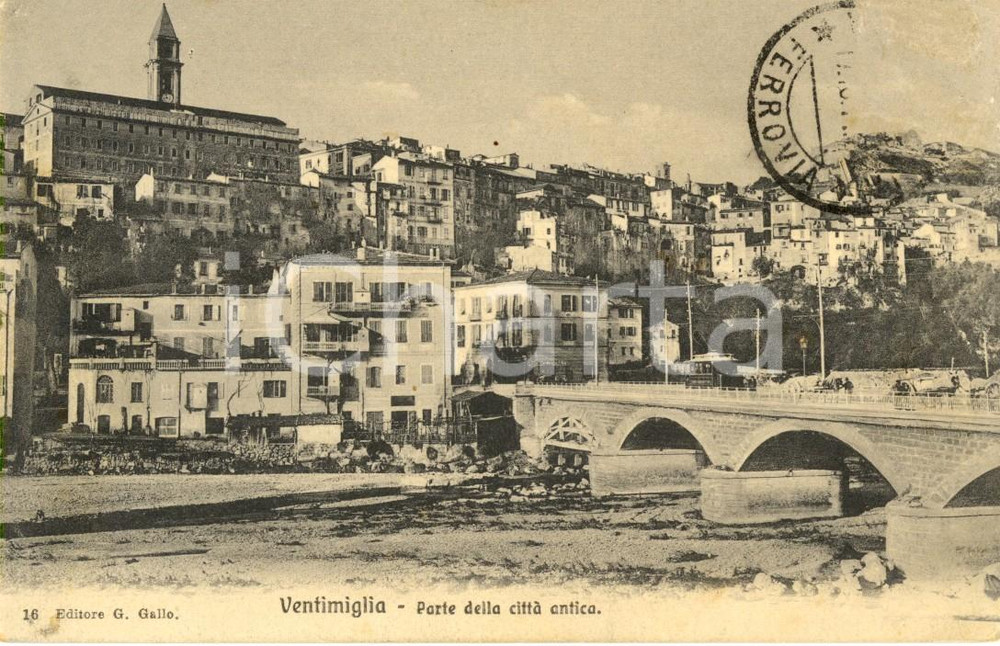 Cartolina originale da collezione 1915 ca VENTIMIGLIA IM Veduta cittÃ  antica con ponte sul fiume ROIA FP VG 1