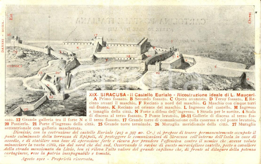 Cartolina originale da collezione 1912 SIRACUSA Castello EURIALO ricostruzione di Luigi MAUCERI ILLUSTRATA FP NV 1