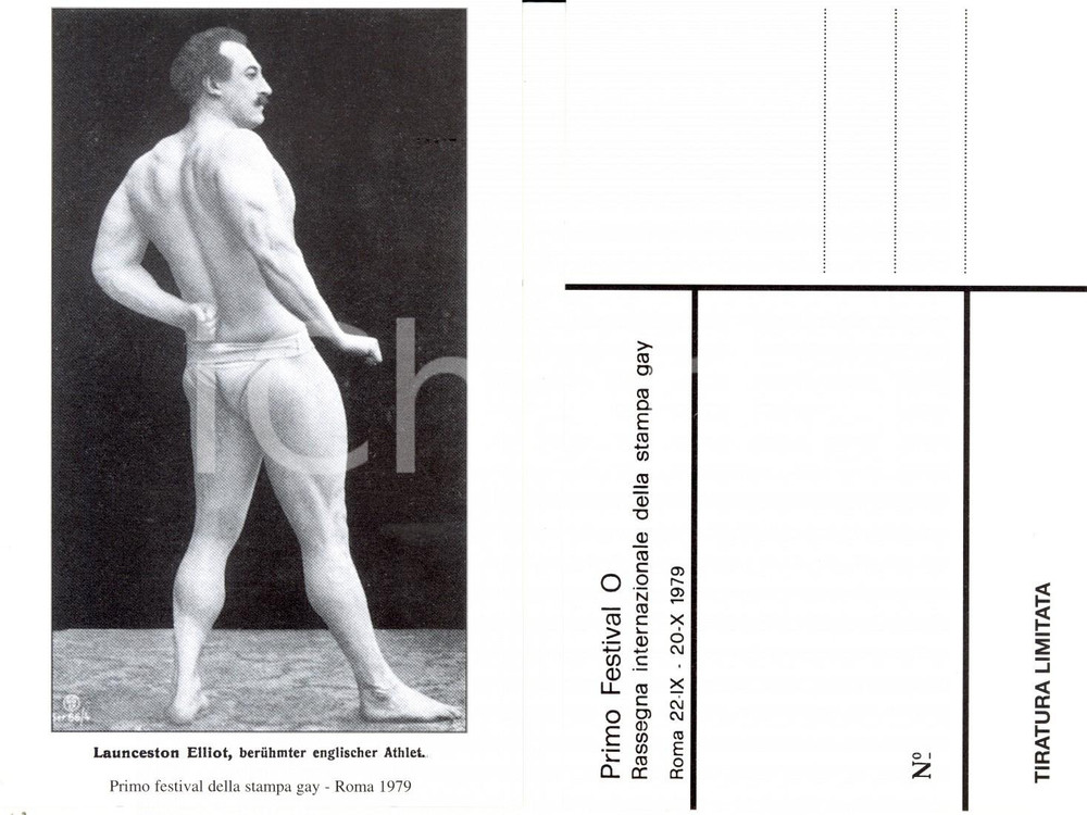 Cartolina originale da collezione 1979 ROMA Festival O Stampa gay Launceston ELLIOT lottatore e atleta inglese 7 1