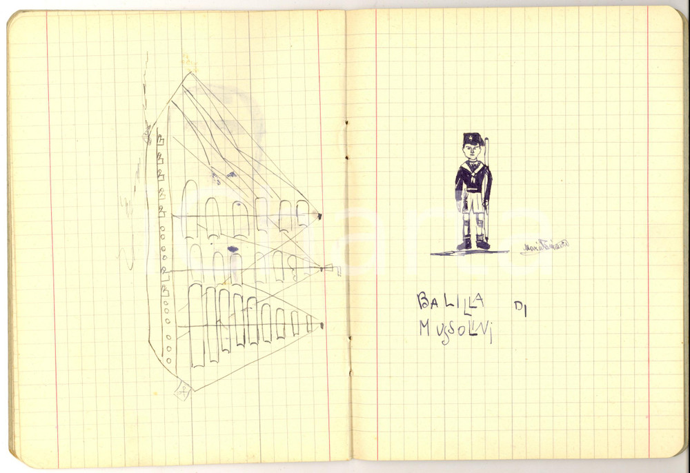 Oggetto da collezione cartaceo 1937 MILANO Collegio SAN CARLO Disegni Mario BRIANZI con balilla di MUSSOLINI 1