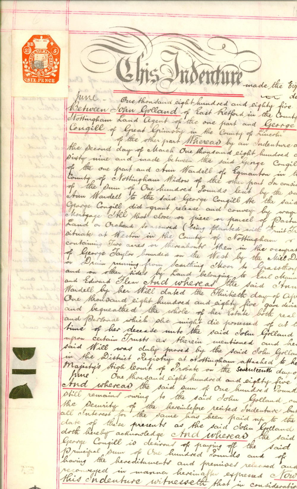 Documento originale, autentico 1885 WESTON NOTTINGHAM, UK Contratto John GOLLAND e George CONGILL per pascolo 1