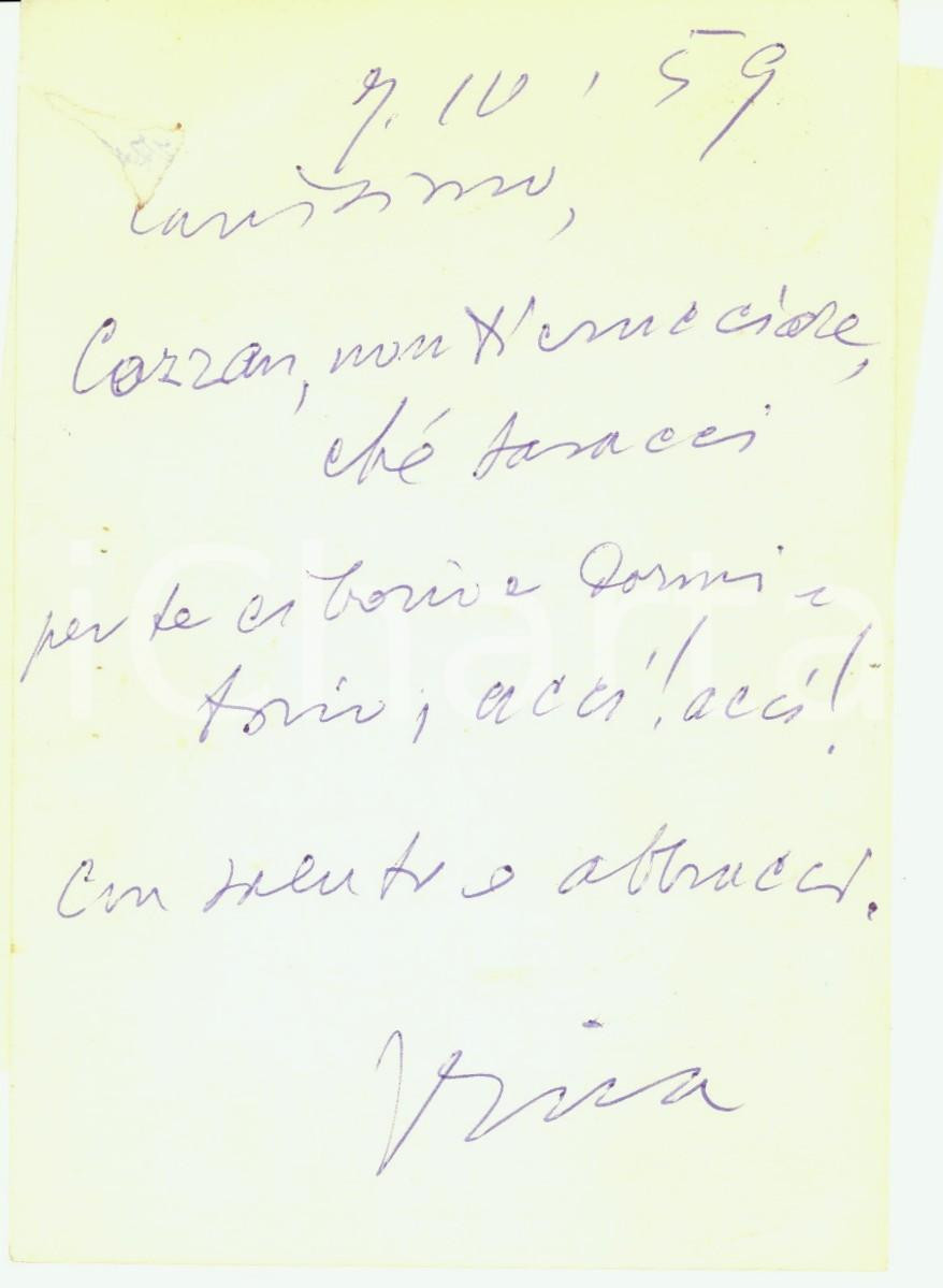 Autografo originale 1959 BERGAMO Acci! Acci Saluti e abbracci Avv. Ubaldo RIVA a Ettore COZZANI 1