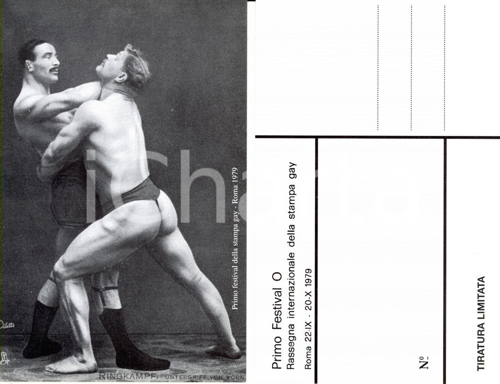 Cartolina originale da collezione 1979 ROMA Festival O Stampa gay Due wrestler sul ring FP NV 1