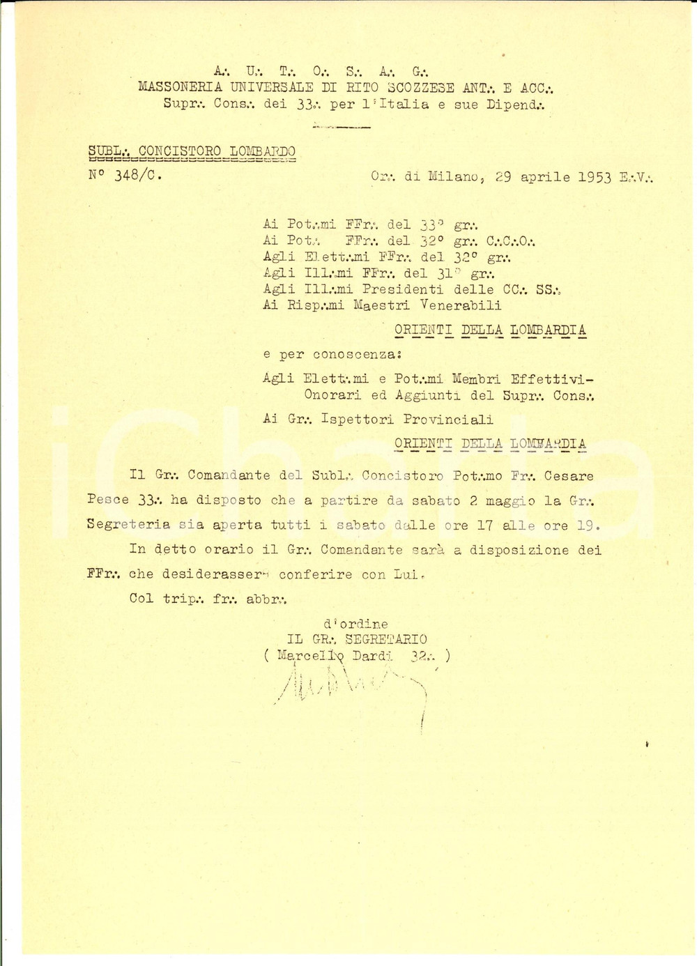Manoscritto, lettera originale 1953 MILANO MASSONERIA Disponibilità del Gran Comandante per i fratelli Lettera 1