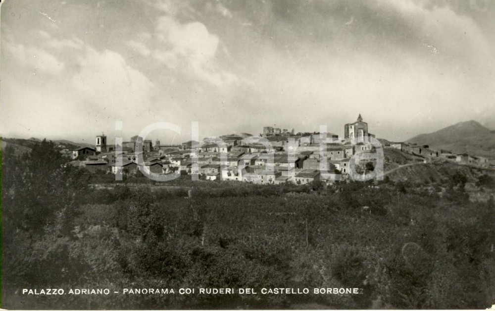 Cartolina originale da collezione 1953 PALAZZO ADRIANO PA Panorama del paese con il Castello BORBONE FP VG 1