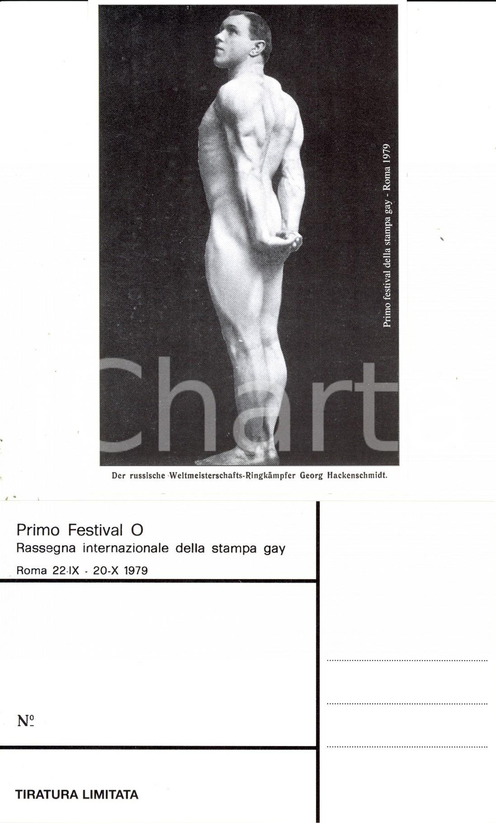 Cartolina originale da collezione 1979 ROMA Festival O STAMPA GAY Georg HACKENSCHMIDT campione mondiale lotta 2 1