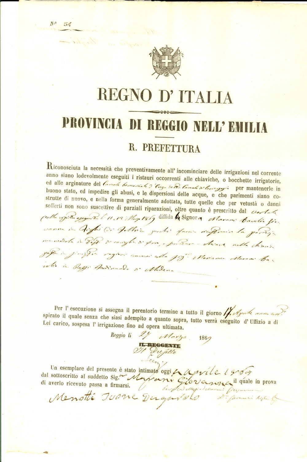 Documento originale, autentico 1869 CORREGGIO RE Giovanna MARANI DAVOLIO ricostruisce una paratoia Documento 1