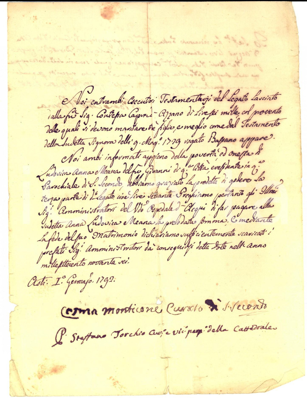 Documento originale, autentico 1792 ASTI Dote a Ludovica Anna MEANA per legato contessa CAPRA DI AZZANO 1