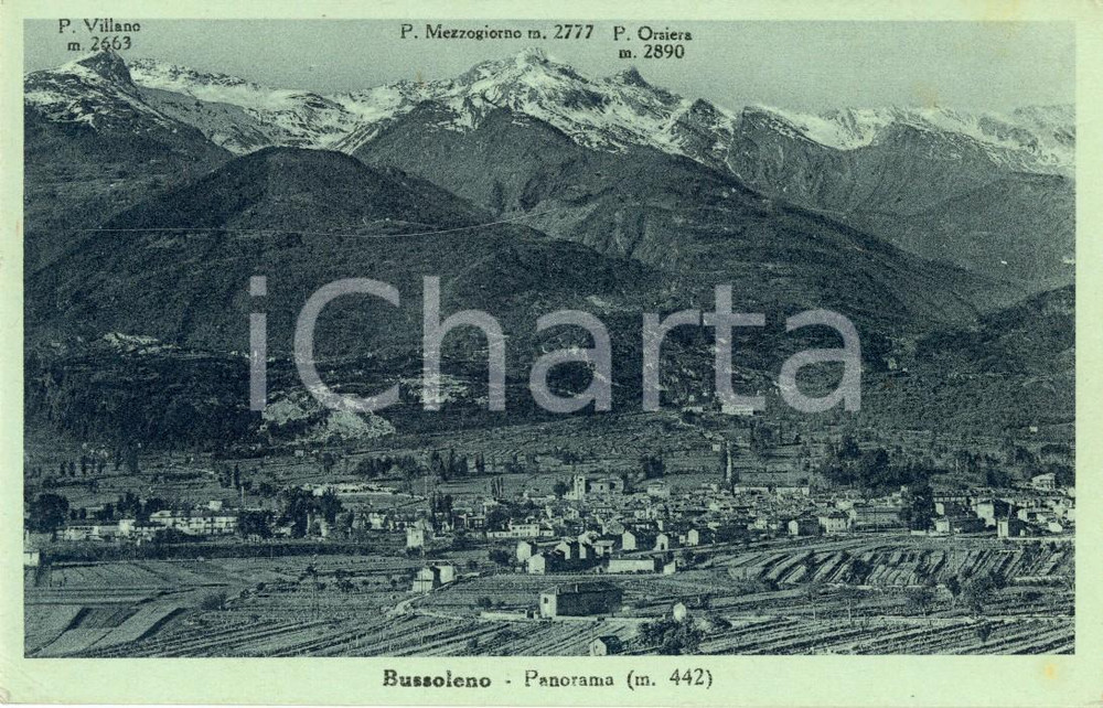 Cartolina originale da collezione 1930 ca BUSSOLENO TO Panorama con Punte VILLANO, MEZZOGIORNO e ORSIERA FP VG 1
