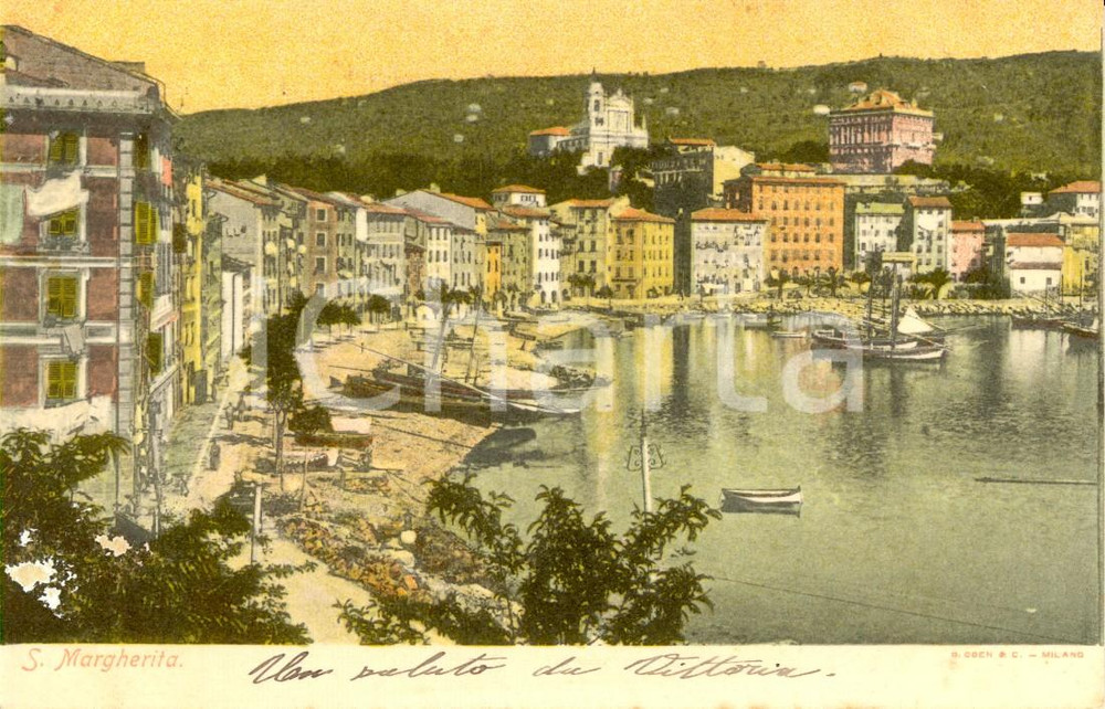 Cartolina originale da collezione 1905 SANTA MARGHERITA LIGURE GE Lungolago con barche e passanti ANIMATA FP VG 1