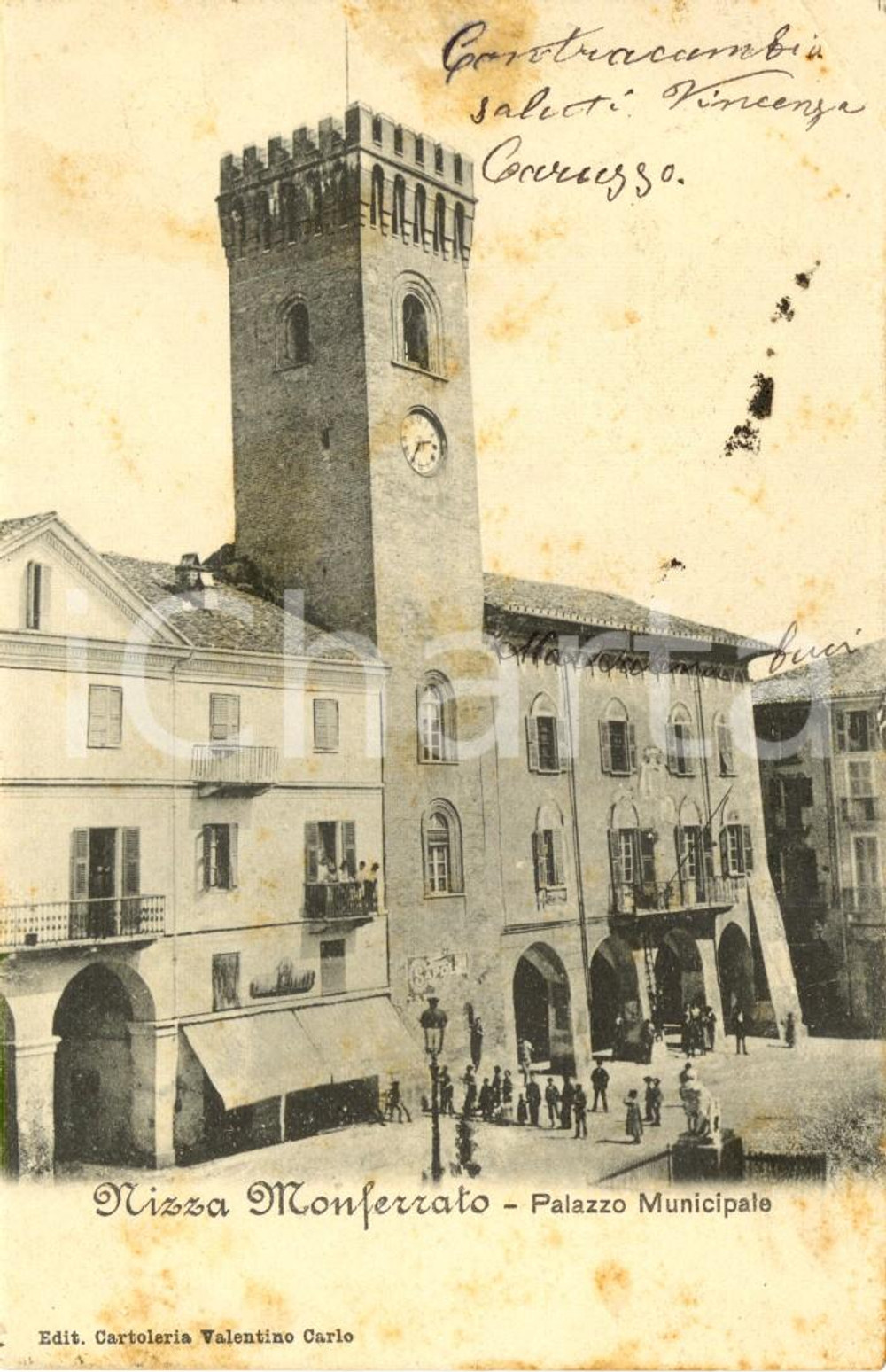 Cartolina originale da collezione 1905 NIZZA MONFERRATO AT Palazzo municipale con torre civica DANNEGGIATA FP 1