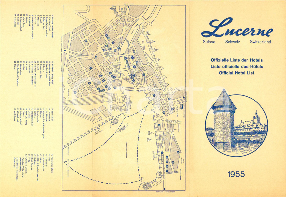 Materiale pubblicitario d’epoca 1955 LUCERNE CH Lista ufficiale degli hotel cittadini Opuscolo con mappa 1