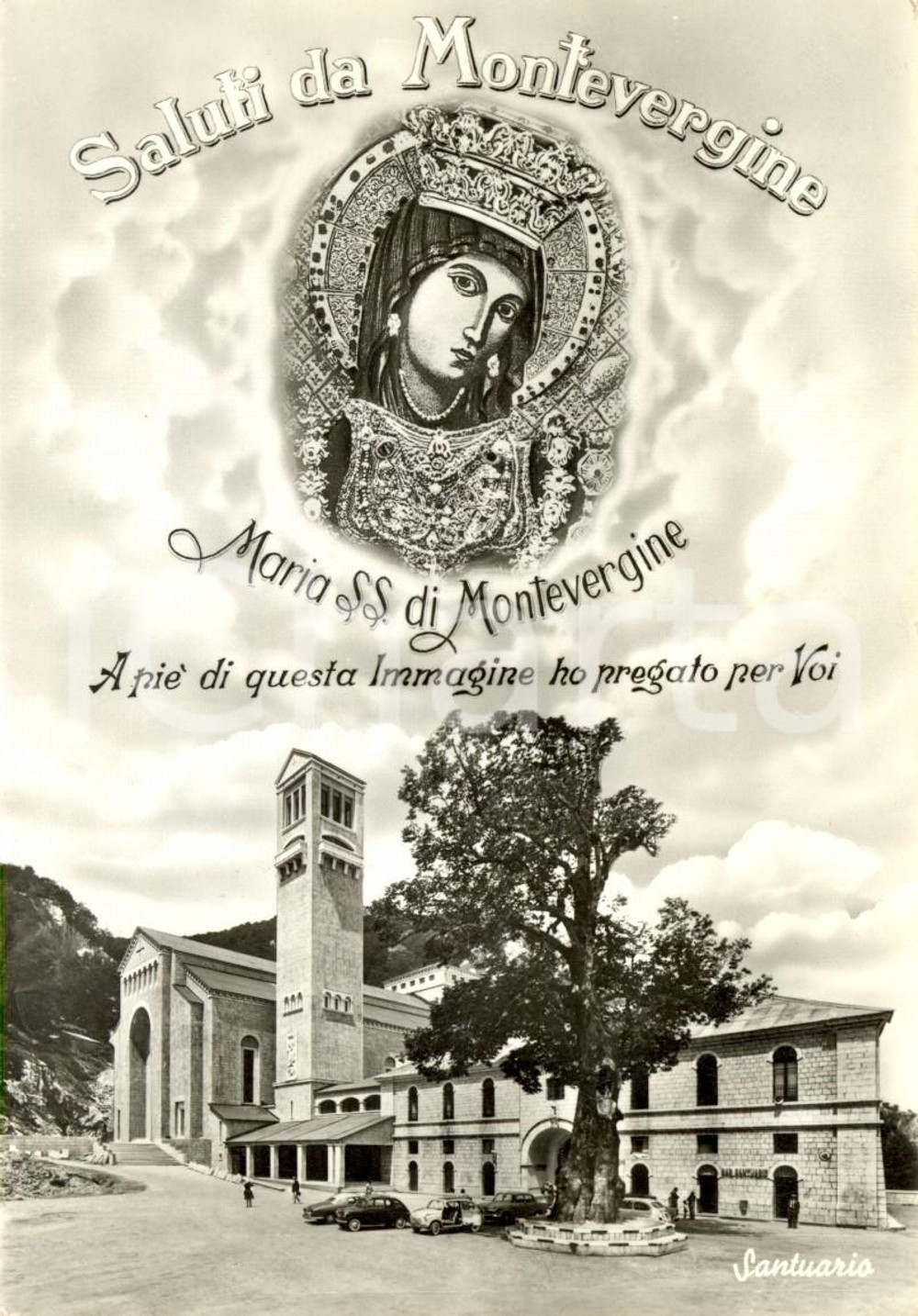 Cartolina originale da collezione 1965 ca MERCOGLIANO AV Santuario di MONTEVERGINE con ritratto della MADONNA FG 1