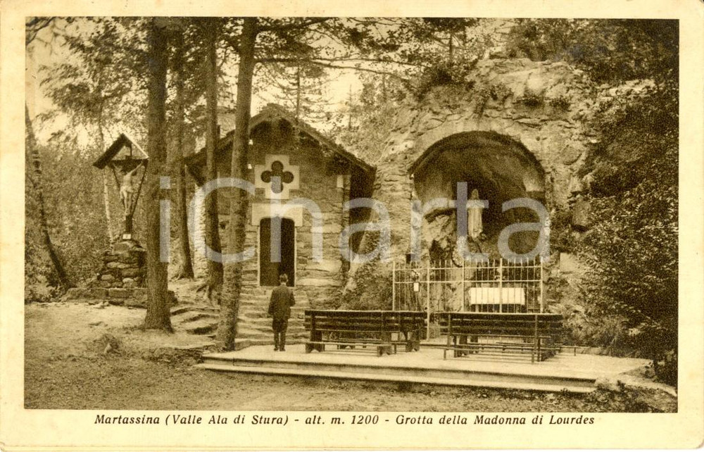 Cartolina originale da collezione 1938 MARTASSINA TO VALLE STURA Grotta Madonna LOURDES ANIMATA DANNEGGIATA FP 1
