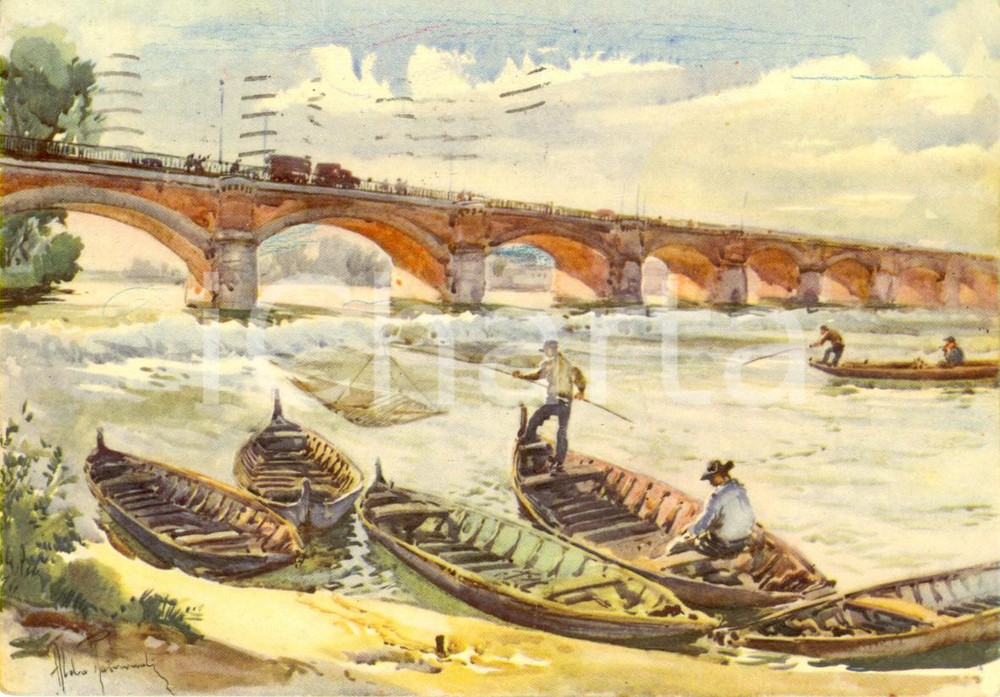 Cartolina originale da collezione 1957 ALESSANDRIA Ponte sul fiume TANARO Ill. RAIMONDI Cartolina postale FG VG 1