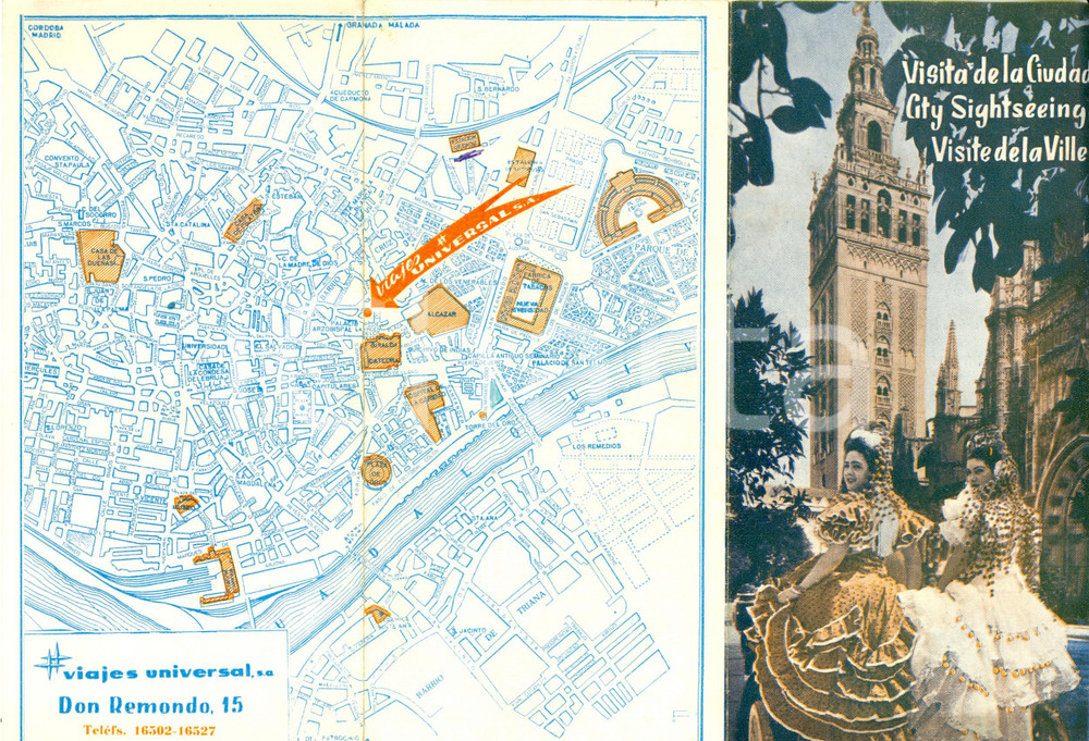 Materiale pubblicitario d’epoca 1960 SEVILLA E VIAJES UNIVERSAL visita de la ciudad Opuscolo con mappa 1