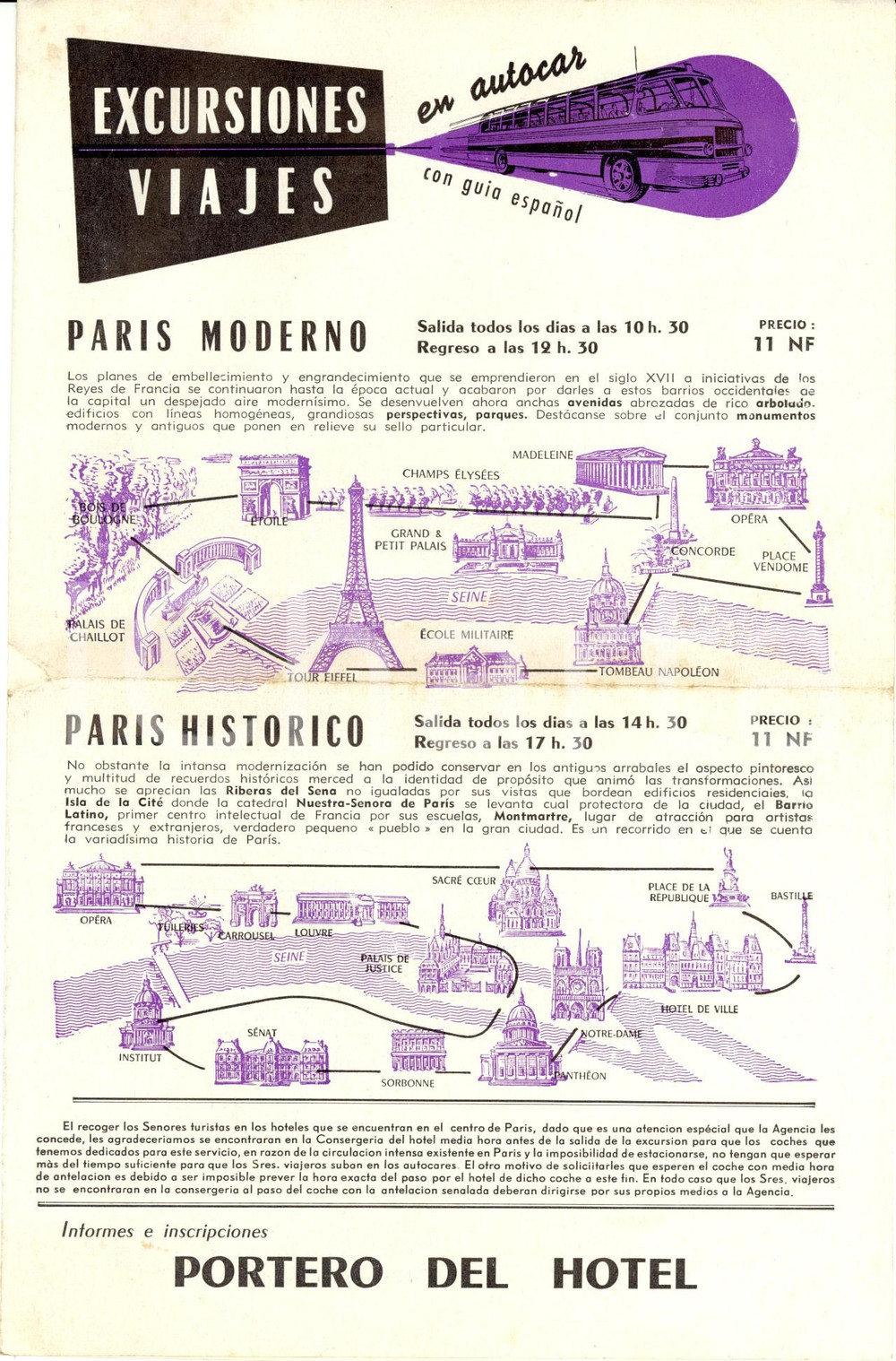 Materiale pubblicitario d’epoca 1960 ca PARIGI F Excursiones Viajes Paris moderno e historico Opuscolo 1