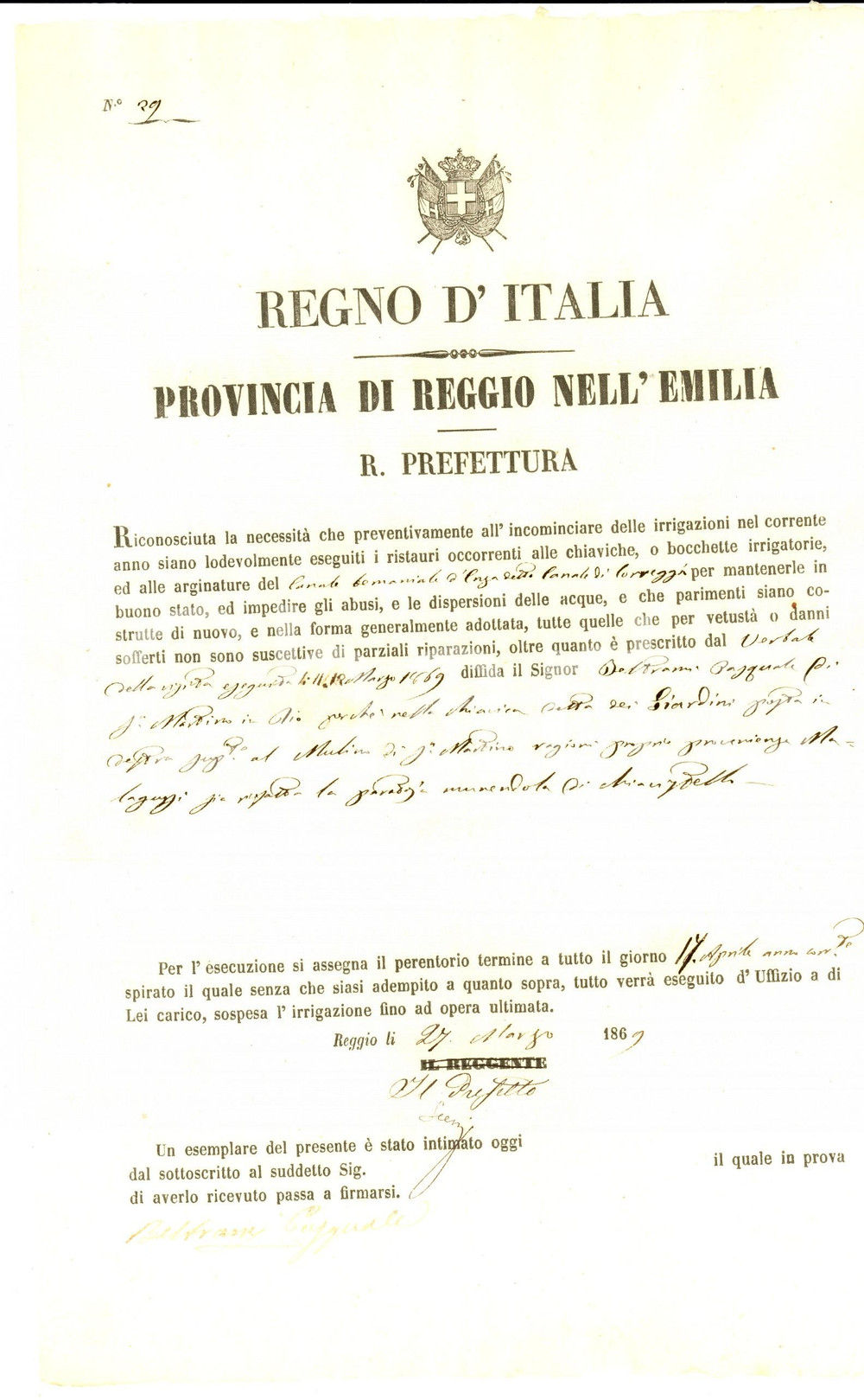 Documento originale, autentico 1869 CORREGGIO RE Pasquale BELTRAMI ripara chiavica dei GIARDINI Documento 1