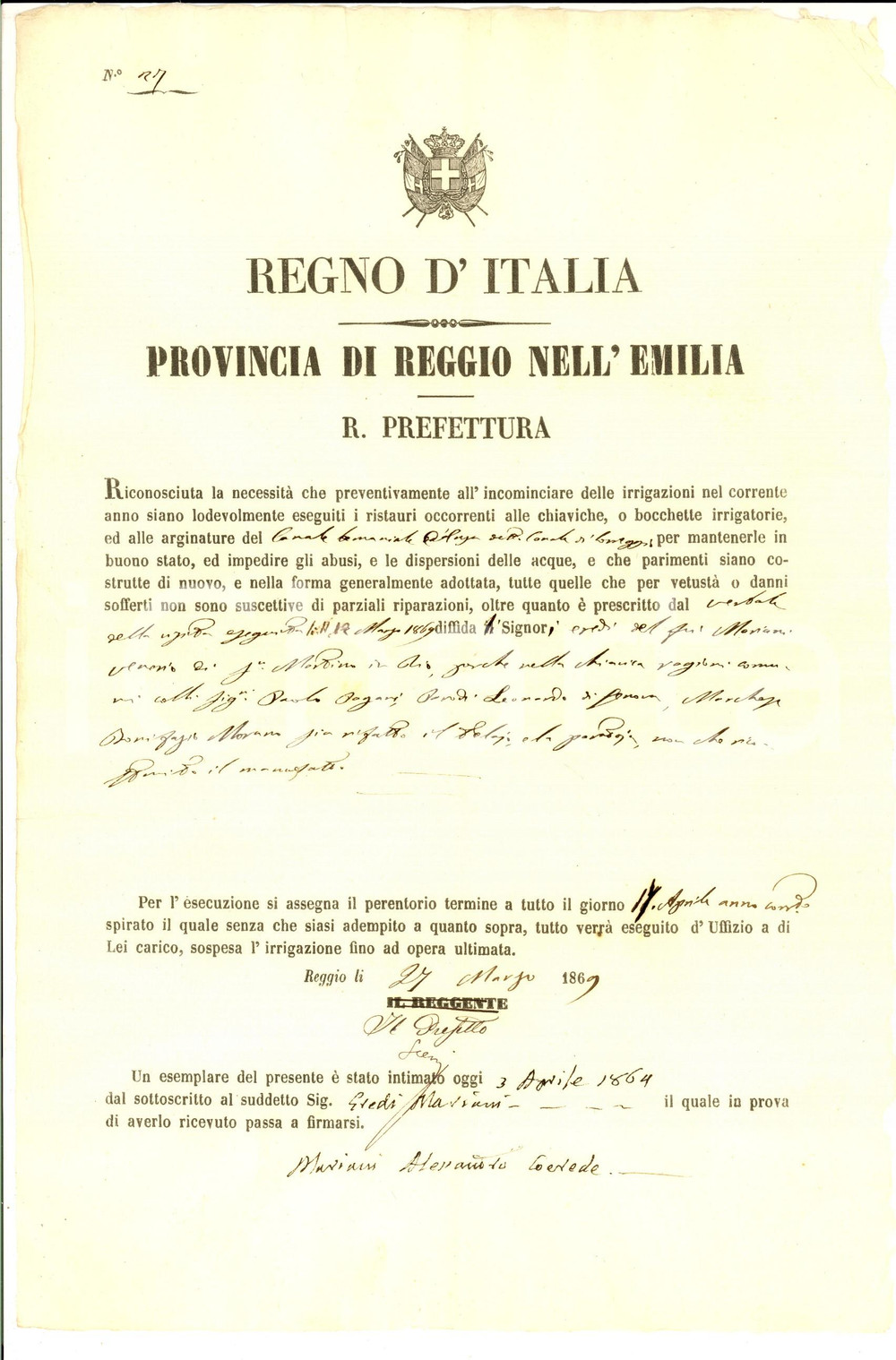 Documento originale, autentico 1869 SAN MARTINO CORREGGIO RE Lavori alla chiavica per eredi Venerio MORIANI 1