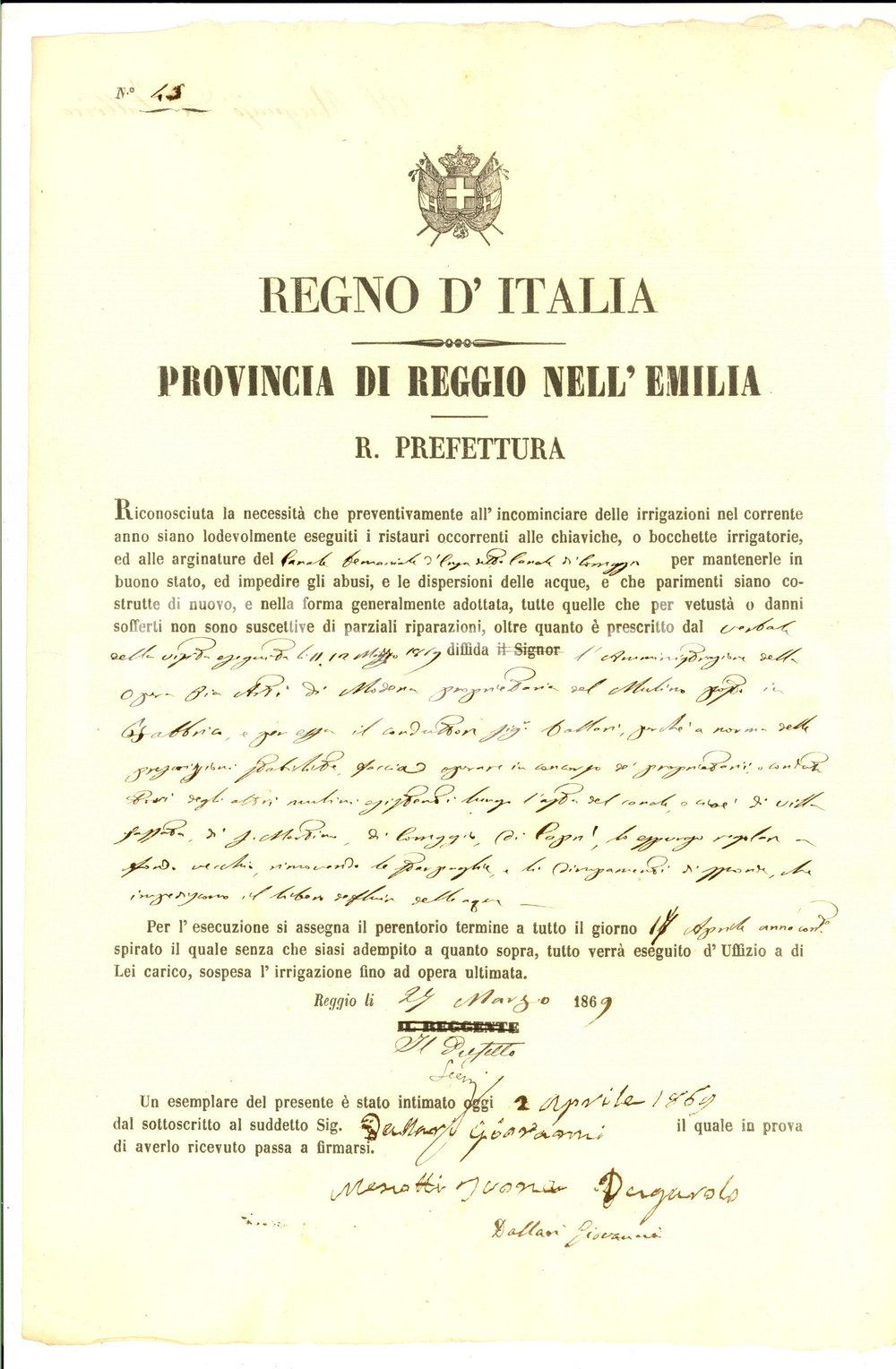 1869 CORREGGIO (RE) Lavori su mulini per OPERA PIA ARTI di MODENA *Documento