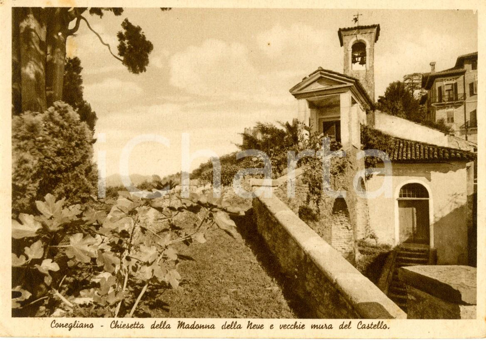 Cartolina originale da collezione 1937 CONEGLIANO TV Chiesetta MADONNA DELLA NEVE e mura del castello FG VG 1