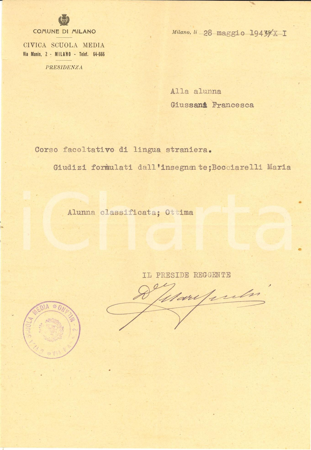 Manoscritto, lettera originale 1943 MILANO Via MANIN Civica scuola media Comunicazione voto Lettera INTESTATA 1