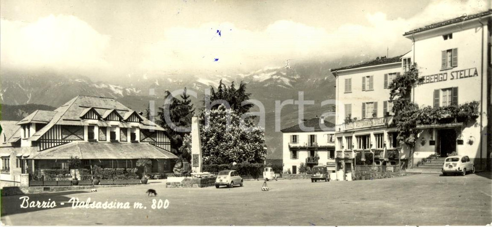 Cartolina originale da collezione 1960 BARZIO LC VALSASSINA Albergo STELLA, FIAT 500 e 600, APE Piaggio 15 x 7 1