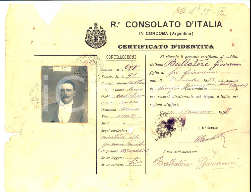 Documento originale, autentico 1917 CORDOBA ARGENTINA Certificato d identitÃ  Giovanni BALLATORE per espatrio 1