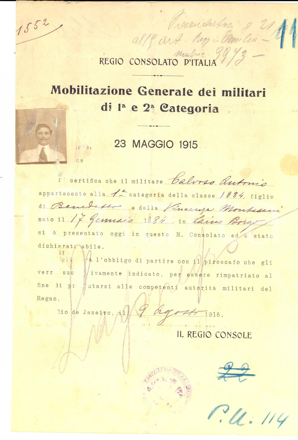 Documento originale, autentico 1915 RIO DE JANEIRO Emigrato italiano Antonio CALOSSO rimpatriato per leva 1