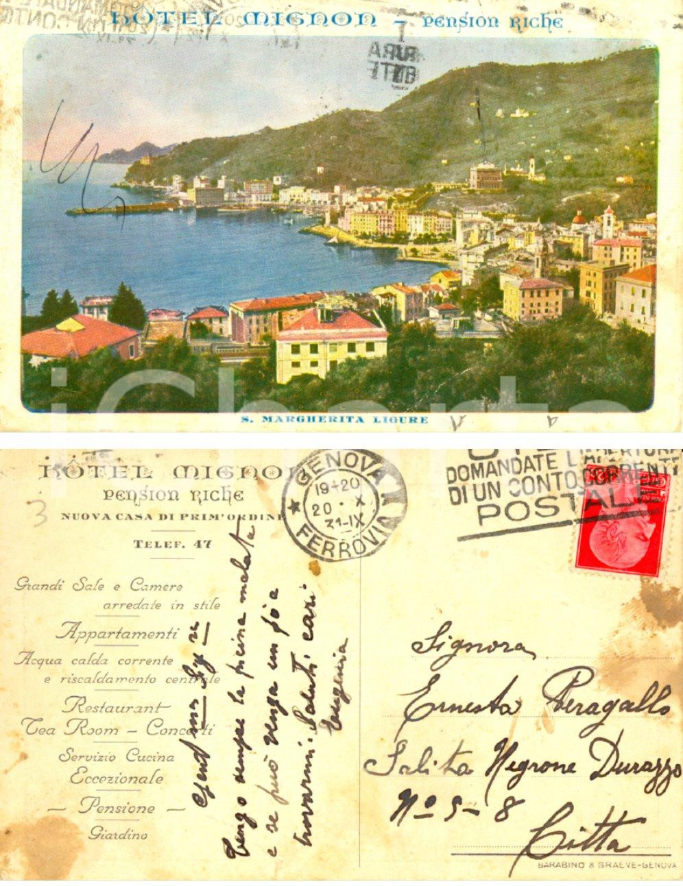 Cartolina originale da collezione 1931 SANTA MARGHERITA LIGURE GE Panorama della cittadina FP VG Hotel MIGNON 1