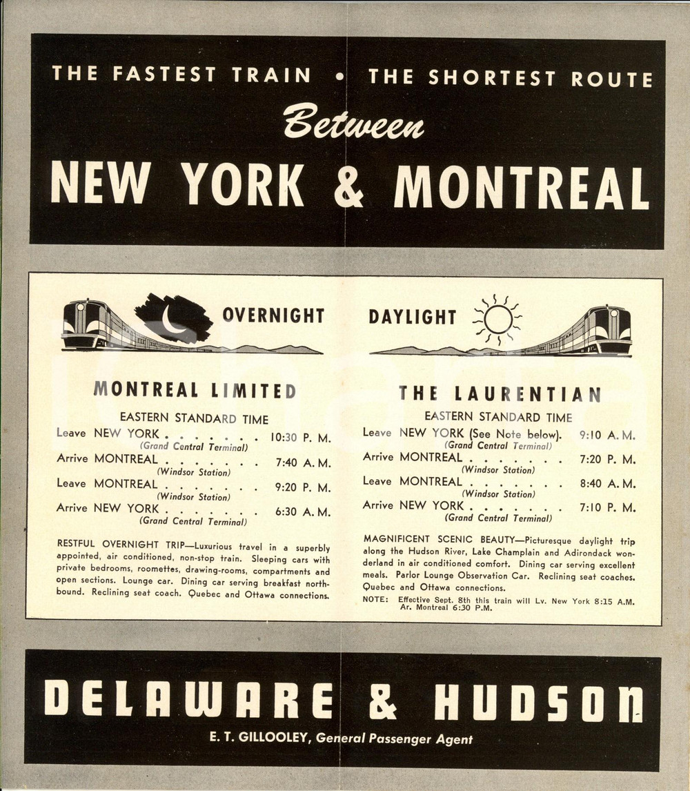 Materiale pubblicitario d’epoca 1954 MONTREAL Limited  DELAWARE & HUDSON railway Orario ferroviario con mappa 1