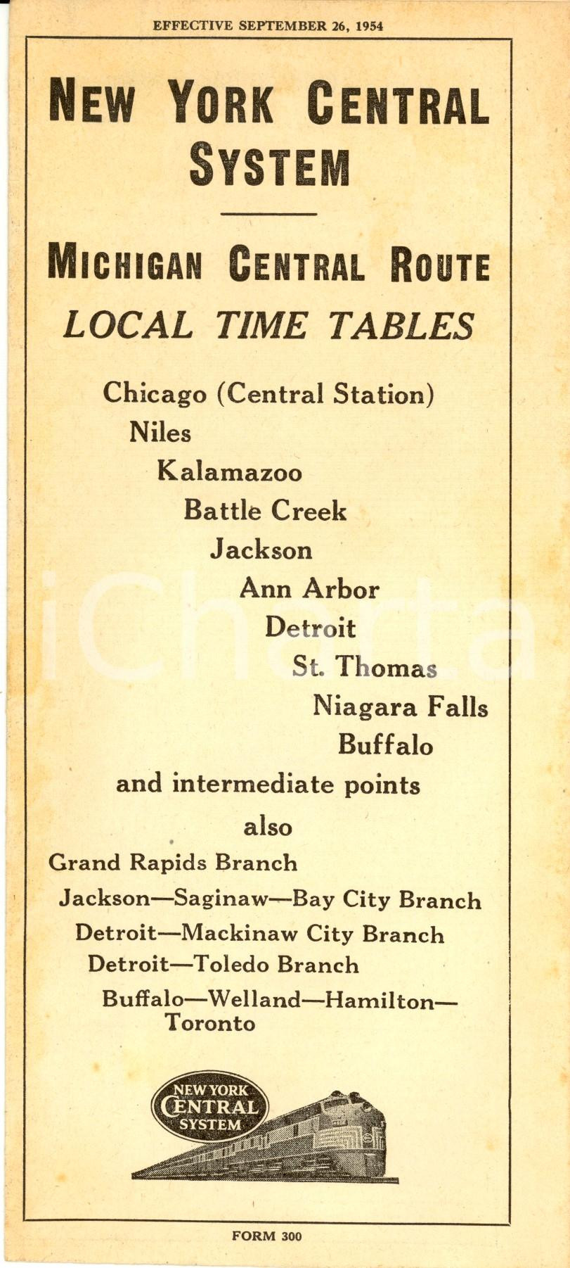 Materiale pubblicitario d’epoca 1954 MICHIGAN central route time tables Opuscolo NEW YORK CENTRAL SYSTEM 1