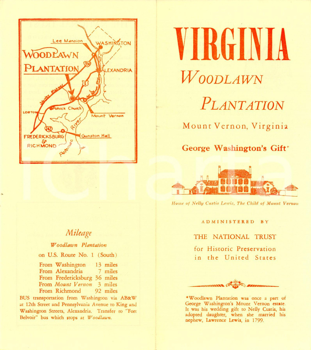 Materiale pubblicitario d’epoca 1955 ca MOUNT VERNON USA WOODLAWN plantation of George WASHINGTON Opuscolo 1