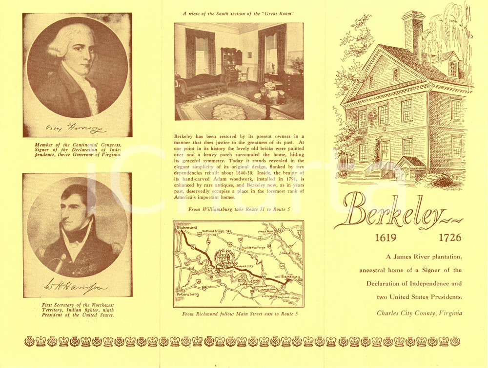 Materiale pubblicitario d’epoca 1960 ca CHARLES CITY USA James RIVER S BERKELEY PALNTATION Opuscolo ILLUSTRATO 1