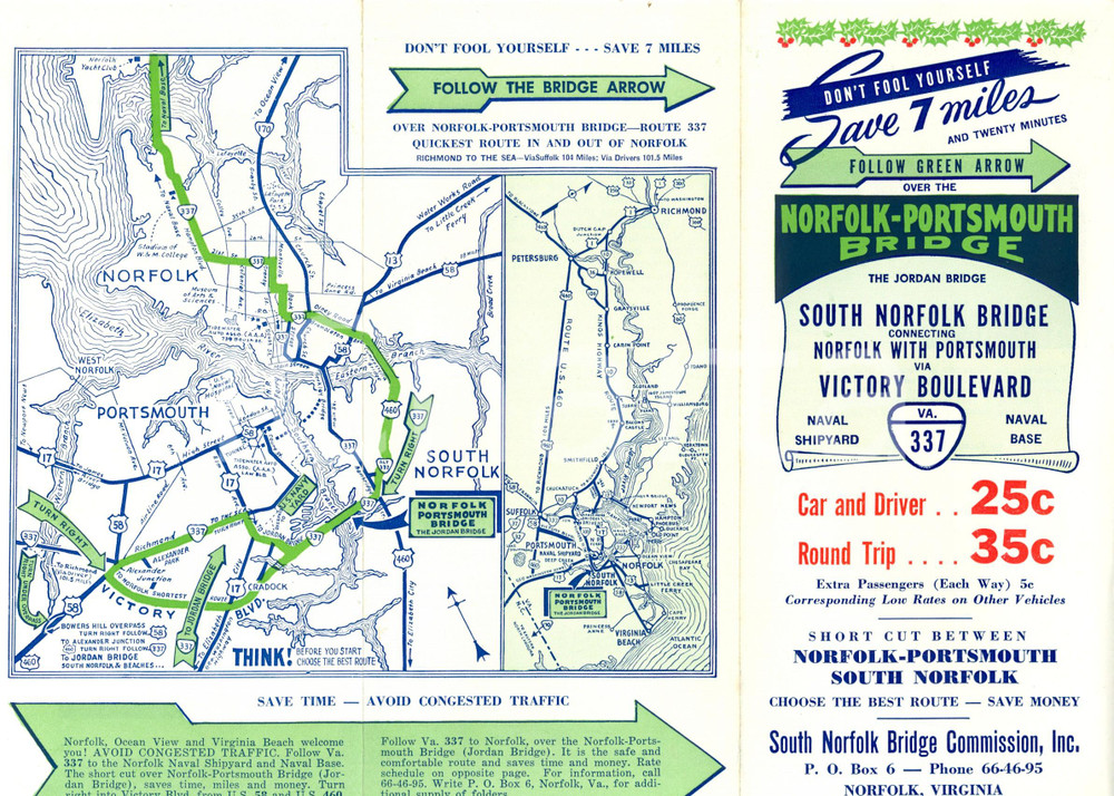 Materiale pubblicitario d’epoca 1955 ca USA The JORDAN bridge connecting NORFOLK and PORTSMOUTH Opuscolo mappa 1