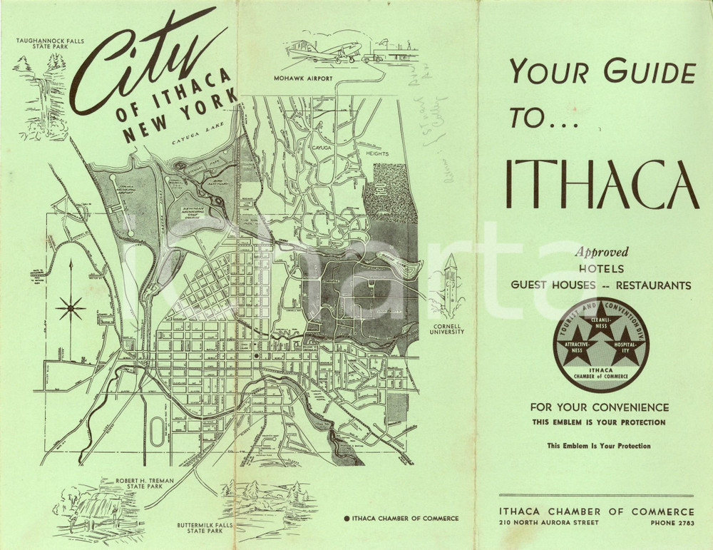 Materiale pubblicitario d’epoca 1955 ca ITHACA USA Mappa della città con elenco ristoranti e hotel Opuscolo 1