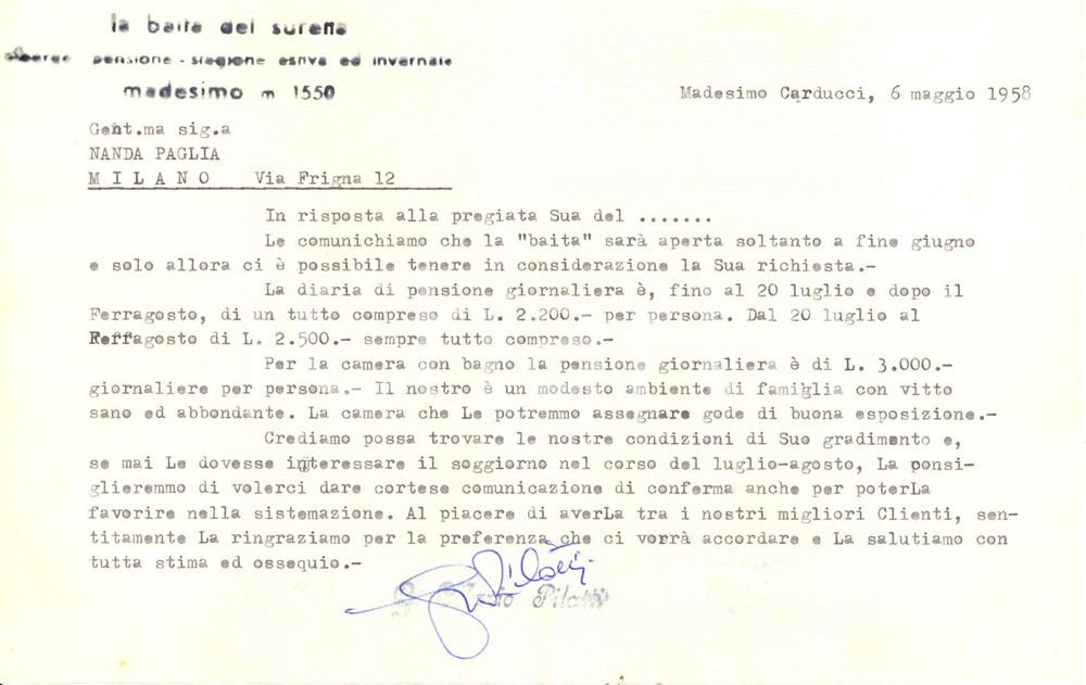 1958 MADESIMO (SO) Pensione BAITA DEL SURETTA Lettera dattiloscritta intestata