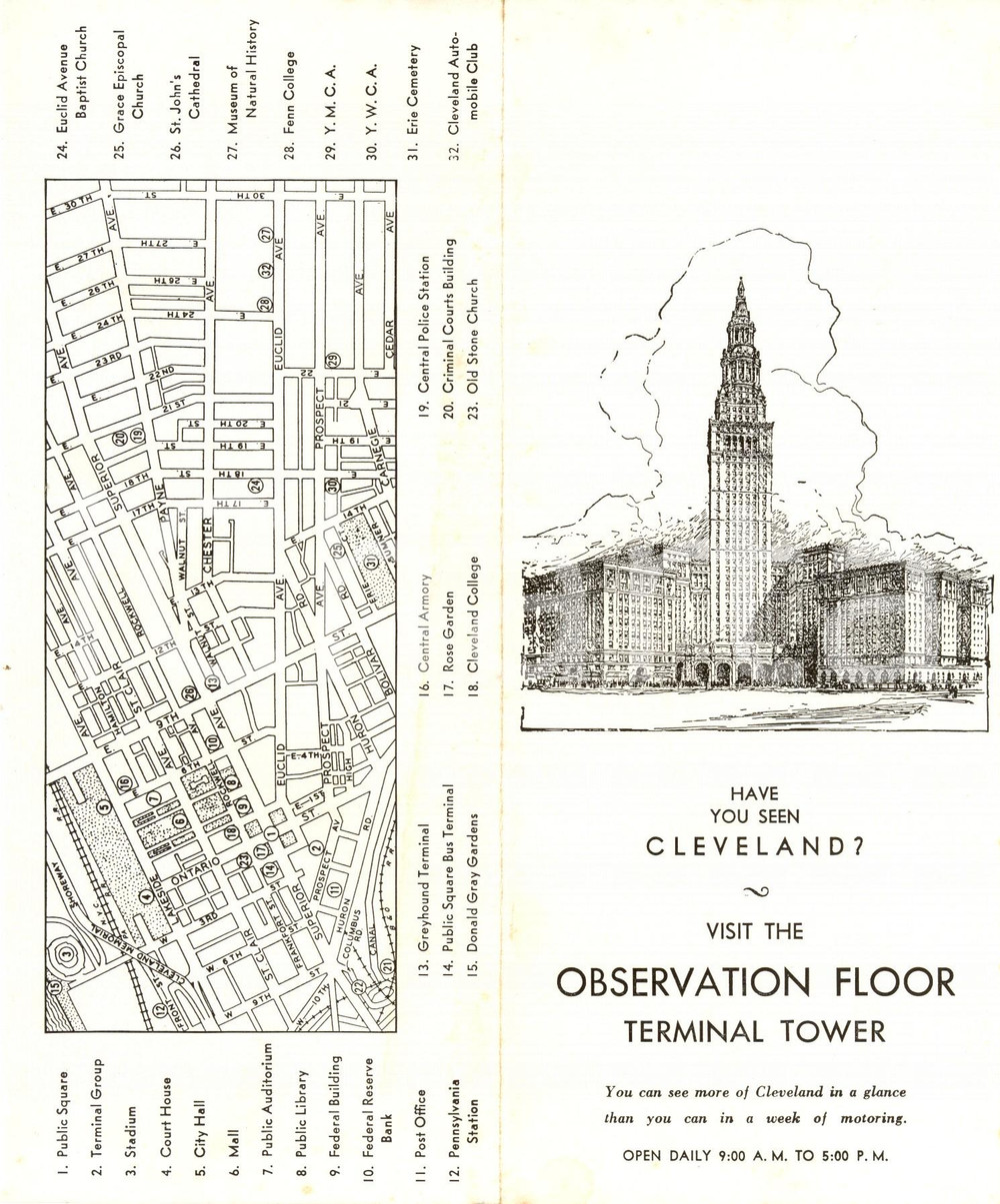 Materiale pubblicitario d’epoca 1960 ca CLEVELAND USA Visit the observation floor of TERMINAL TOWER Opuscolo 1