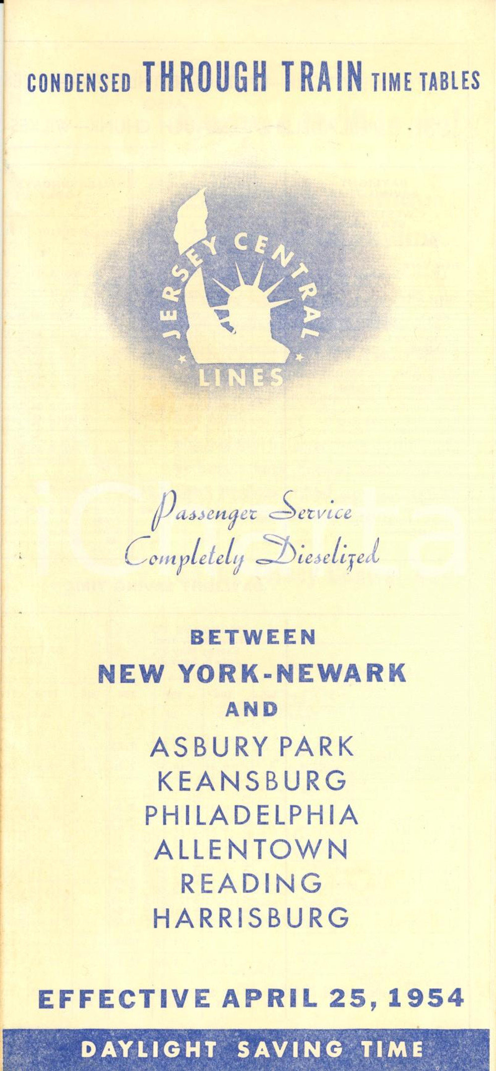 Materiale pubblicitario d’epoca 1954 NEW YORK USA JERSEY CENTRAL LINES time tables Orario ferroviario 1