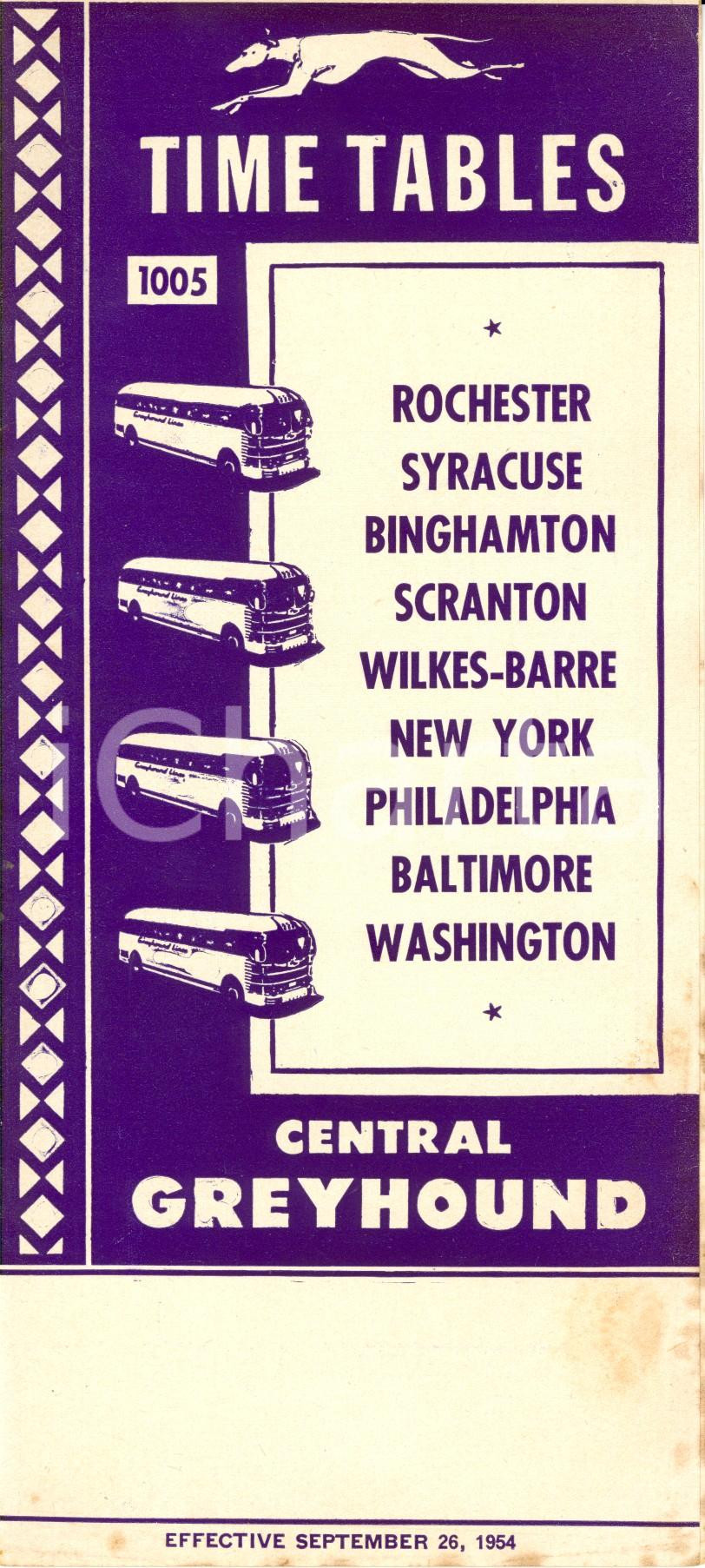 Materiale pubblicitario d’epoca 1954 CLEVELAND USA CENTRAL GREYHOUND bus service Timetables 1005 Opuscolo 1
