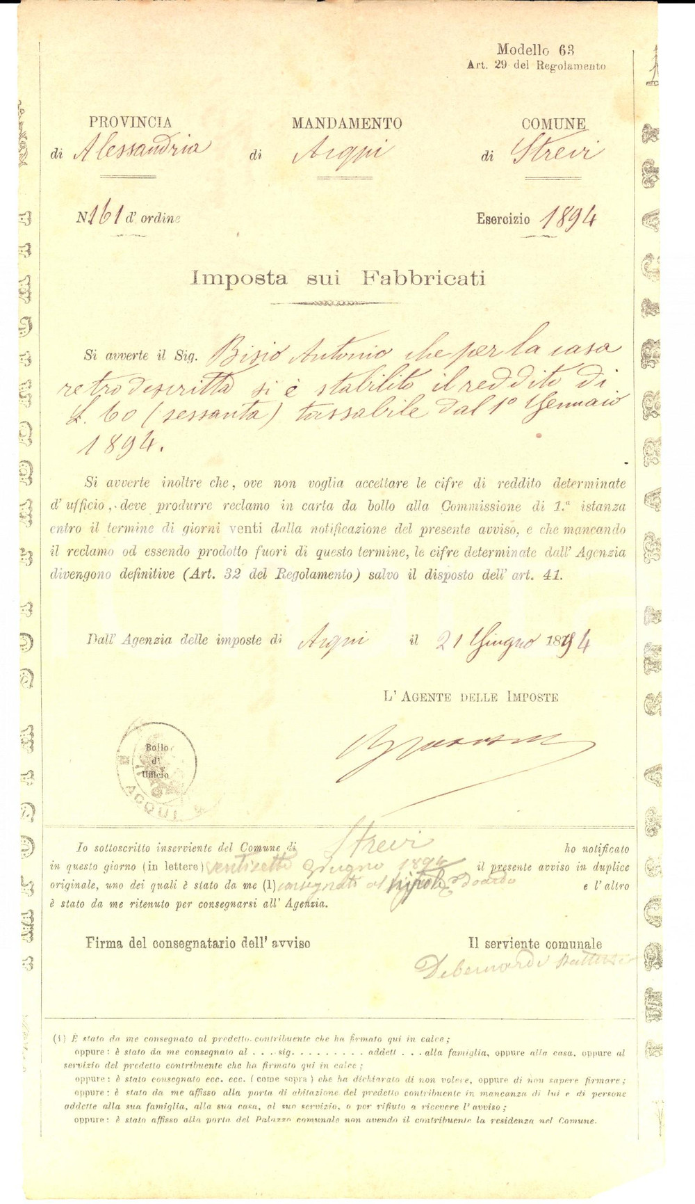 Documento originale, autentico 1894 STREVI AL Imposizione sui fabbricati di Antonio BISIO Documento 1