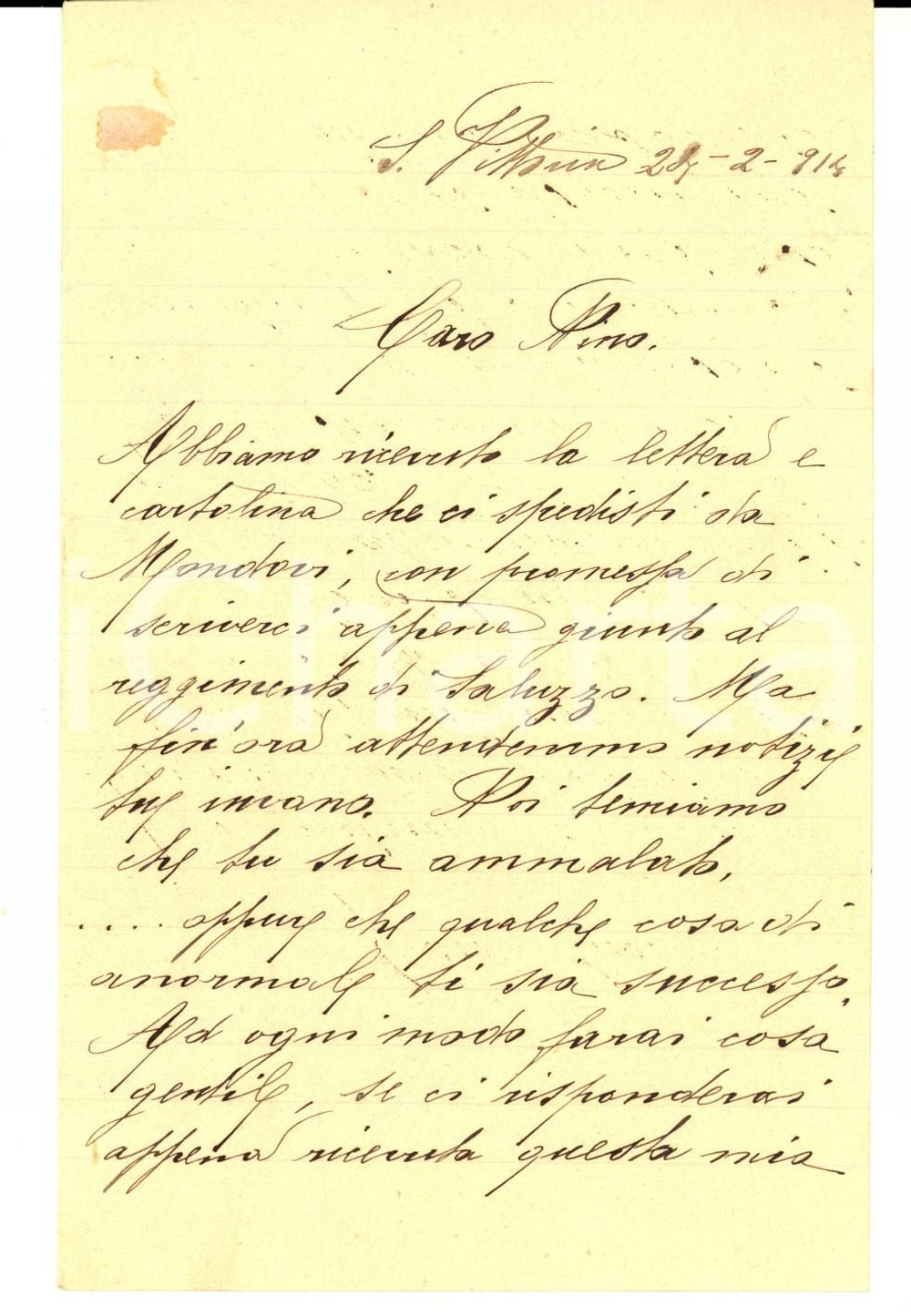 Manoscritto, lettera originale 1914 SANTA VITTORIA D ALBA CN Noi temiamo che qualche cosa ti sia successo 1