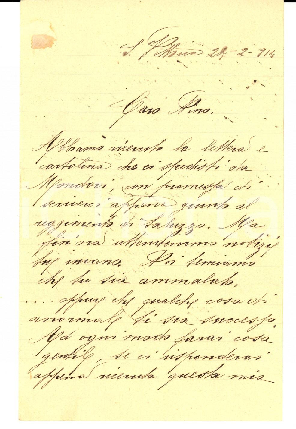 Manoscritto, lettera originale 1914 SANTA VITTORIA D ALBA CN Noi temiamo che qualche cosa ti sia successo 1