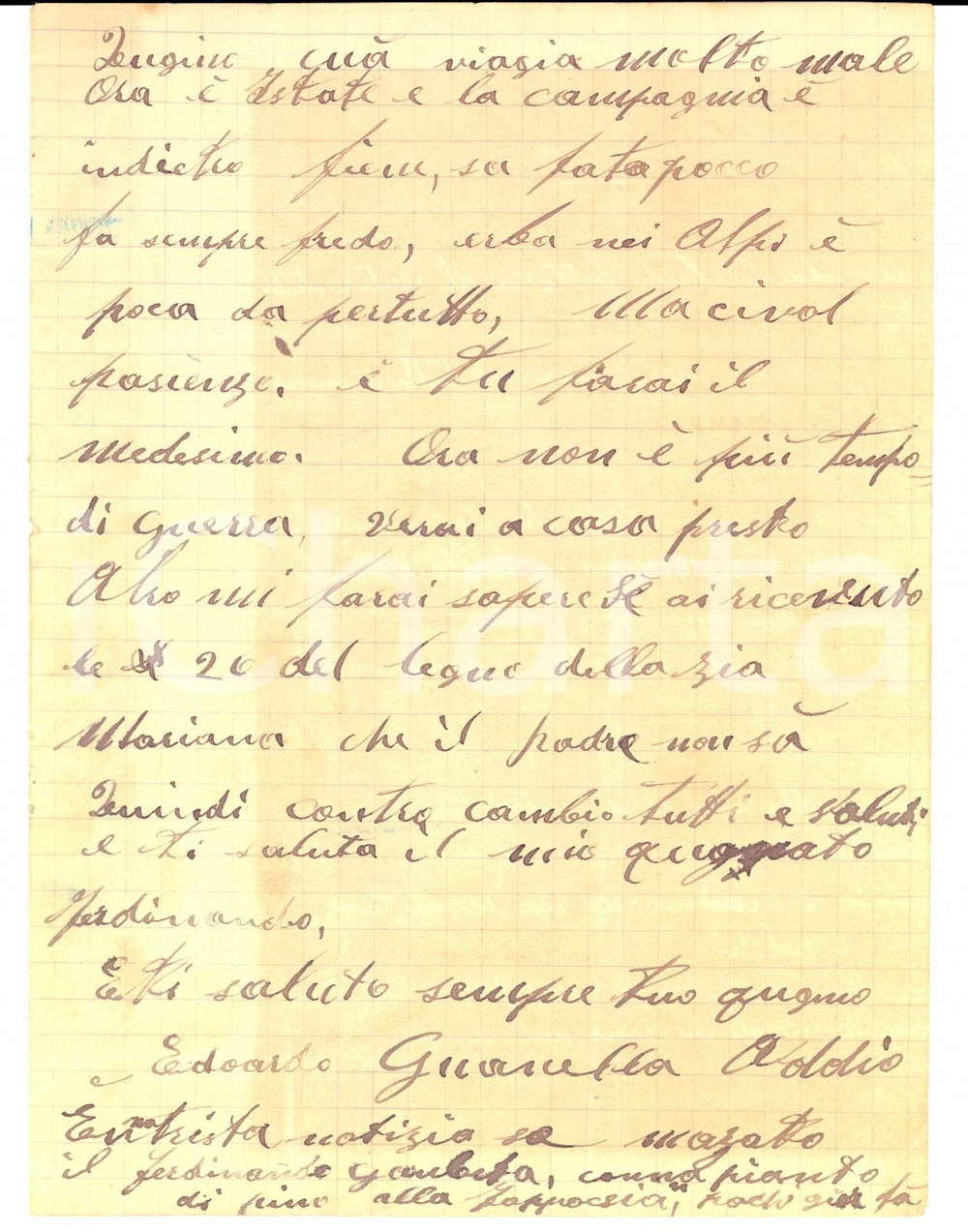 Manoscritto, lettera originale 1926 VERCEIA SO Edoardo GUANELLA aiuta il cugino se la pagnotta Ã¨ poca 1