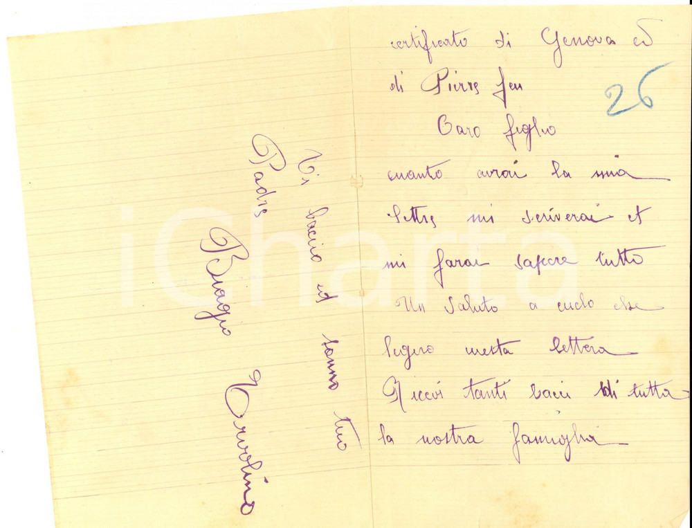 Manoscritto, lettera originale 1912 LE BEAUSSET F Biagio ERVOLINO chiede certificato per il figlio Lettera 1