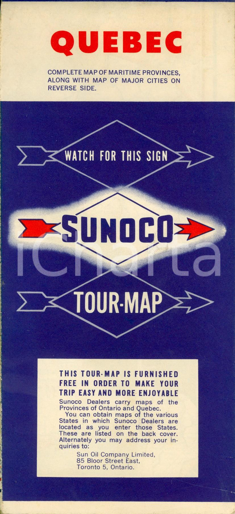 Mappa, planimetria storica 1955 ca QUEBEC CANADA Map of maritime provinces with major cities SUNOCO 2 1